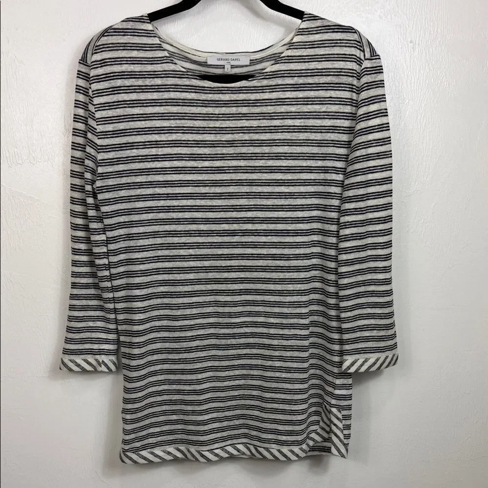 Gerard Darel Linen Striped Top Size 2 Black White 3/4 Sleeve Paris